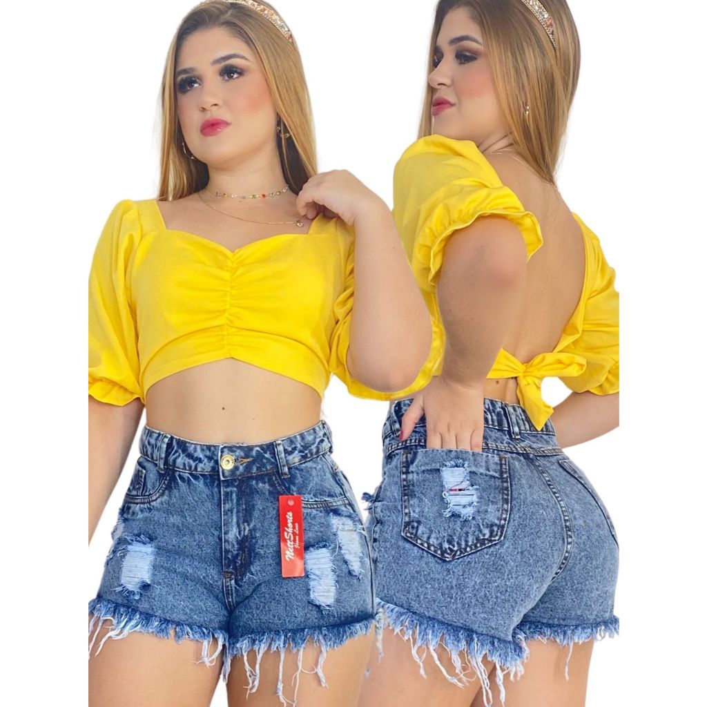Short Jeans Feminino Cintura Alta Bermuda Cós Alto Desfiado