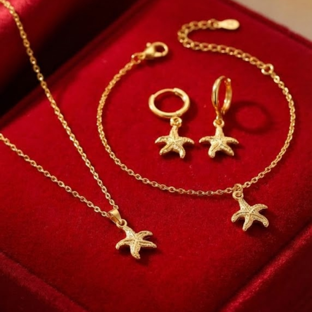Conjunto Colar Pulseira Brincos Estrela do Mar Linha Verão Praia Feminino Delicado Banho Ouro 18k Semijoia Dourado