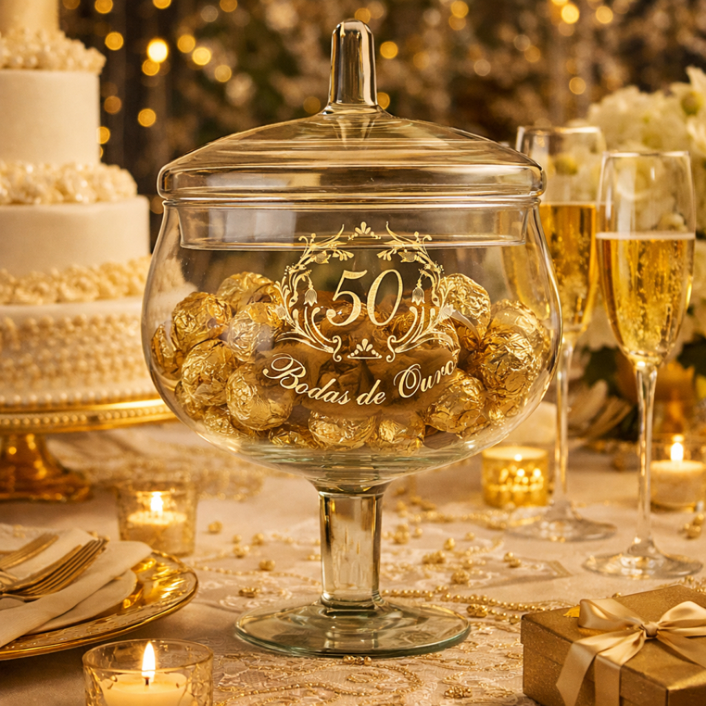 BOMBONIERE DE VIDRO COM TAMPA BODAS DE OURO 50 ANOS DE CASADOS