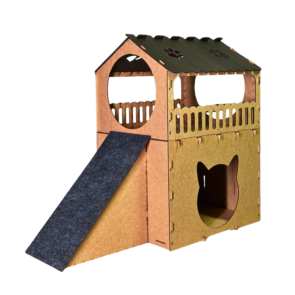 Casa Para Gatos Grande 2 Andares Com Escadinha E Rampa Em MDF Telhado Cor Preta
