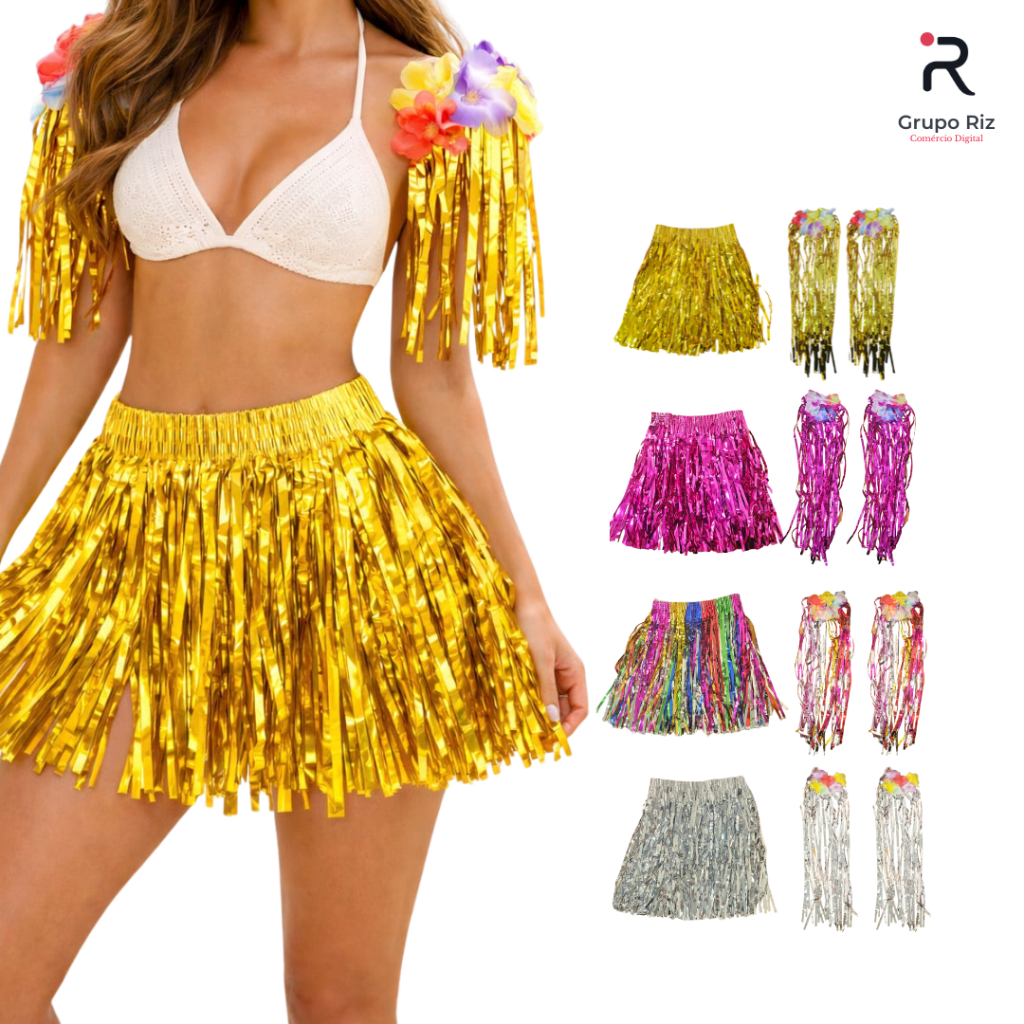 Fantasia Carnaval Kit Saia Fitilhos + Ombreira Glitter Floral Bloquinhos