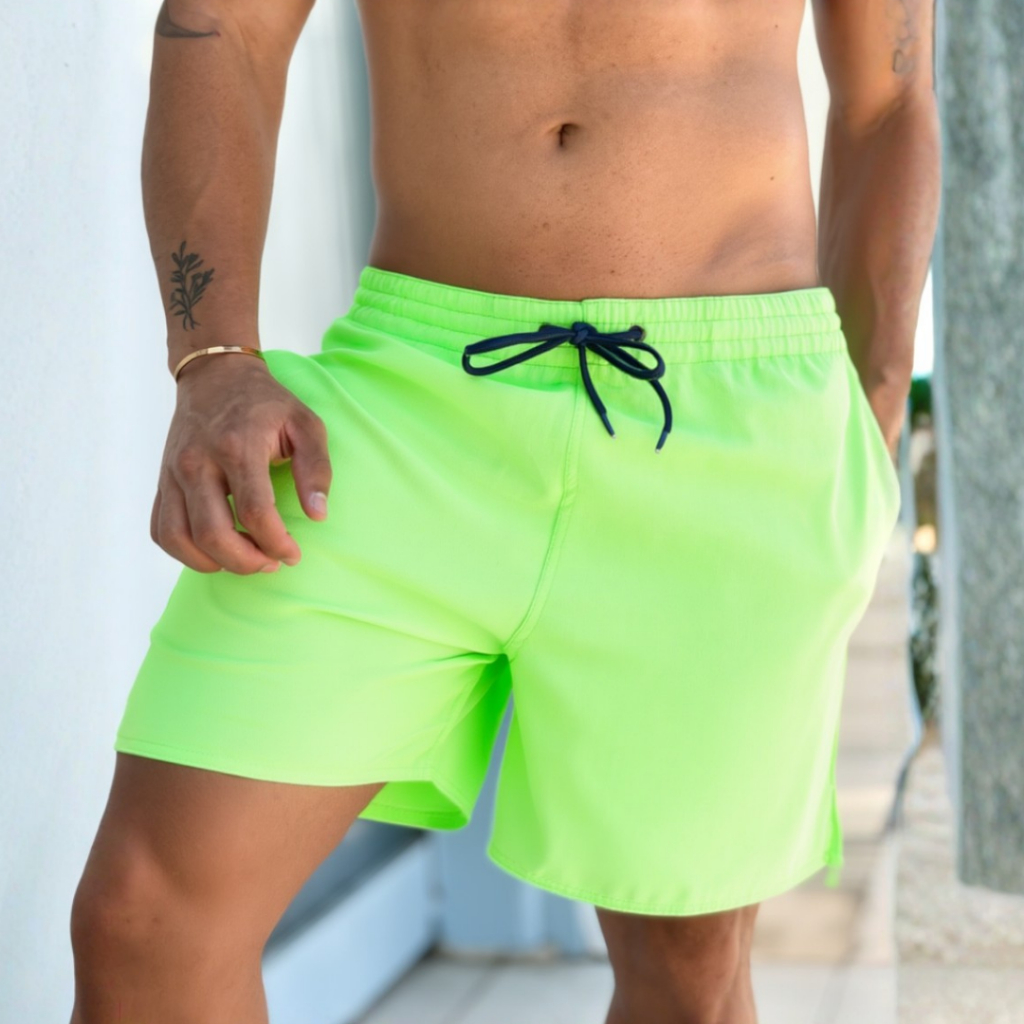 Short Tactel Elastano Neon Carnaval Praia Verão Bermuda Masculina Férias Bolsos Cordão Ajustável