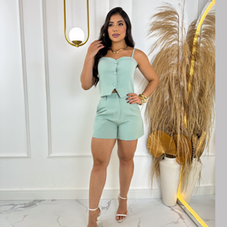 Conjunto Feminino Alfaiataria Elegante Blusa de Alcinha + Short Cintura Alta Conforto e Estilo em Oferta na Shopee