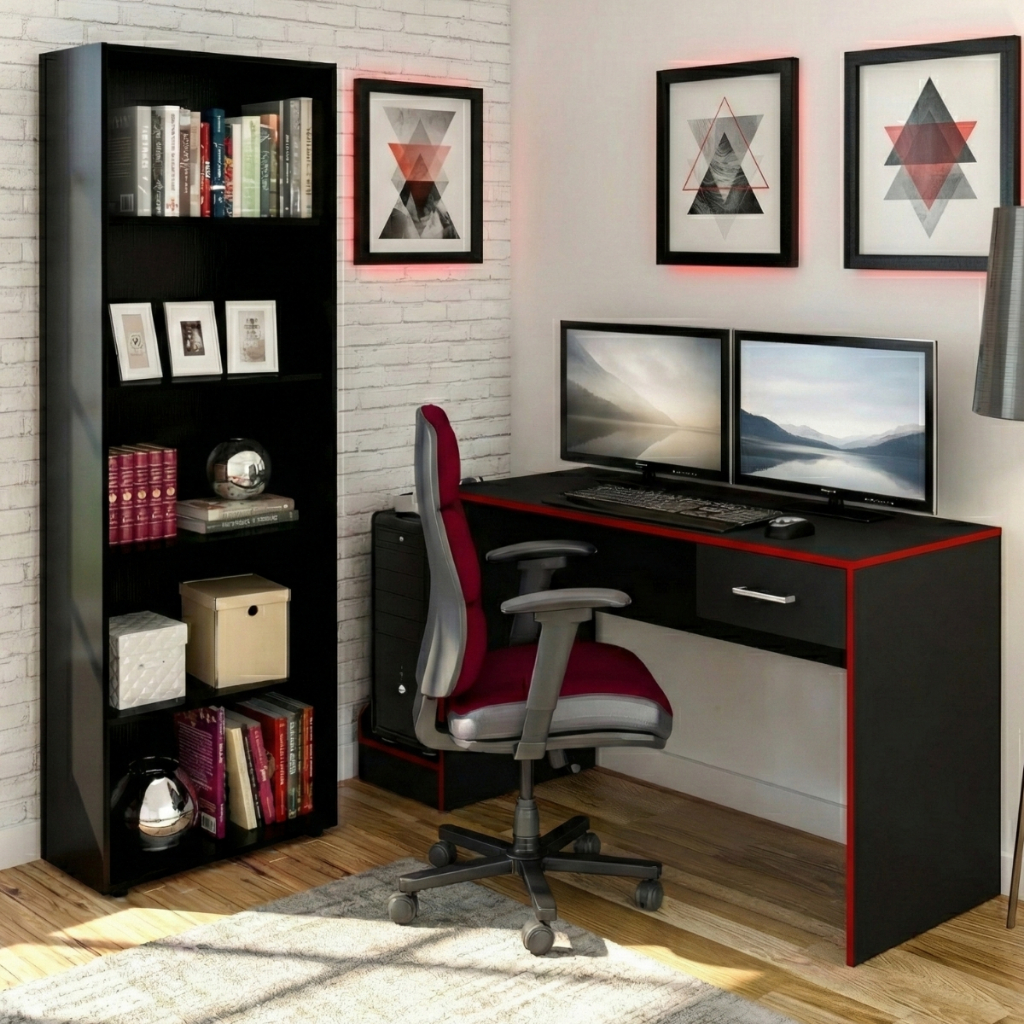 Conjunto Escrivaninha Mesa Gamer para Computador e Estante Organizadora Multiuso Quarto Gamer MDP