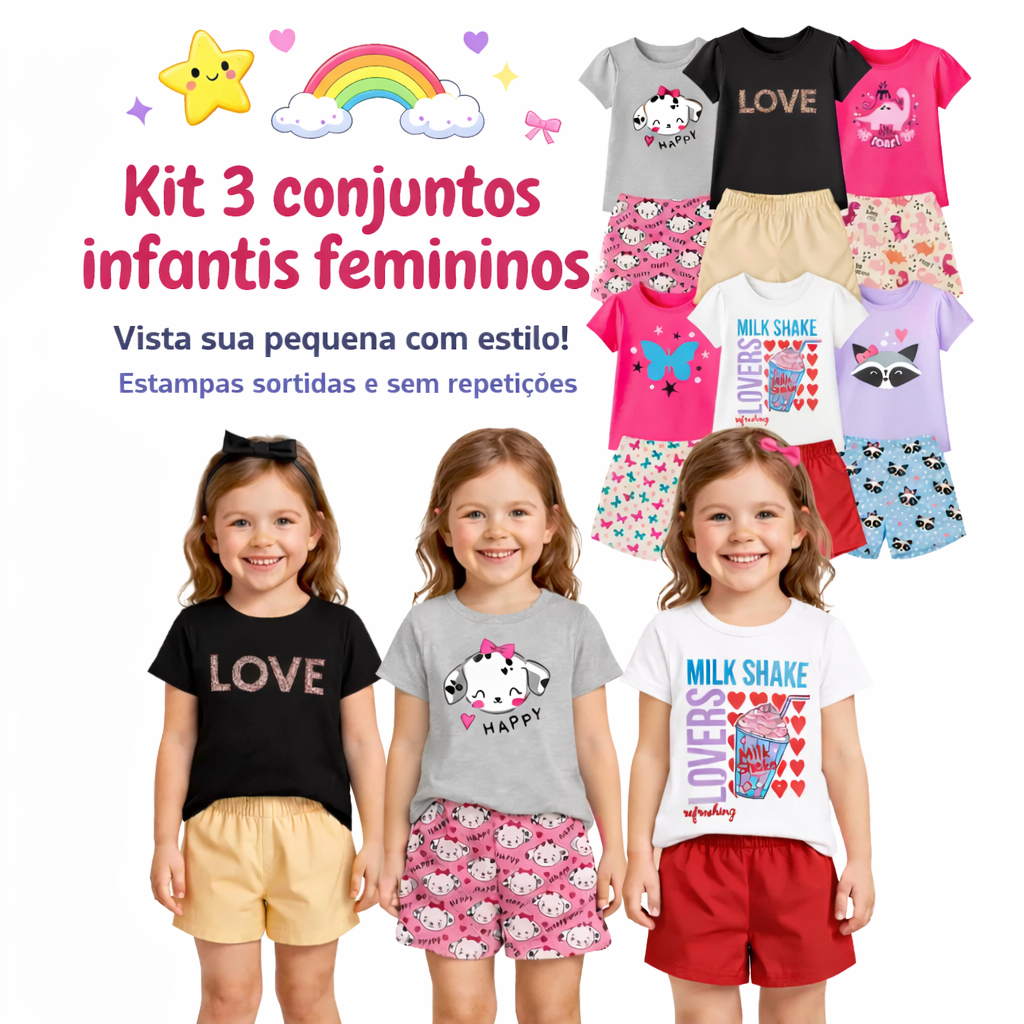 Kit 6 Peças Roupa Infantil Verão Menina 3 Conjuntos Sortido Estampado Tamanhos 1 ao 12