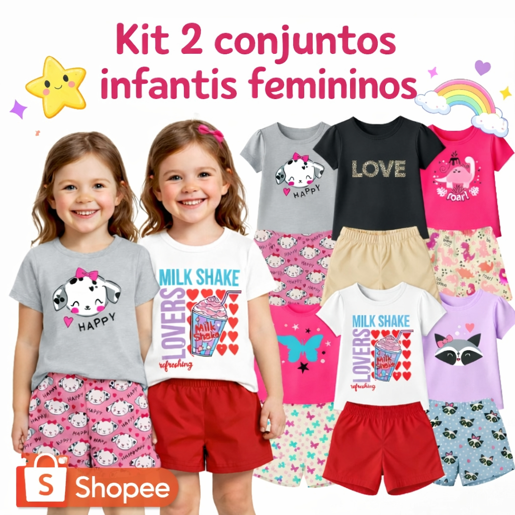 Kit 4 Peças Femininos Infantil Menina Verão 2 Conjuntos Sortido Estampado
