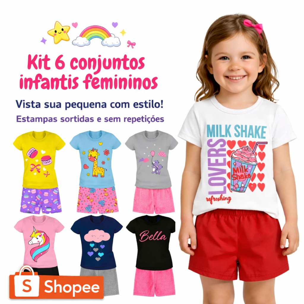 Kit 12 Peças Verão Menina Infantil 6 Conjuntos Estampado Feminino Tamanho 1 ao 12