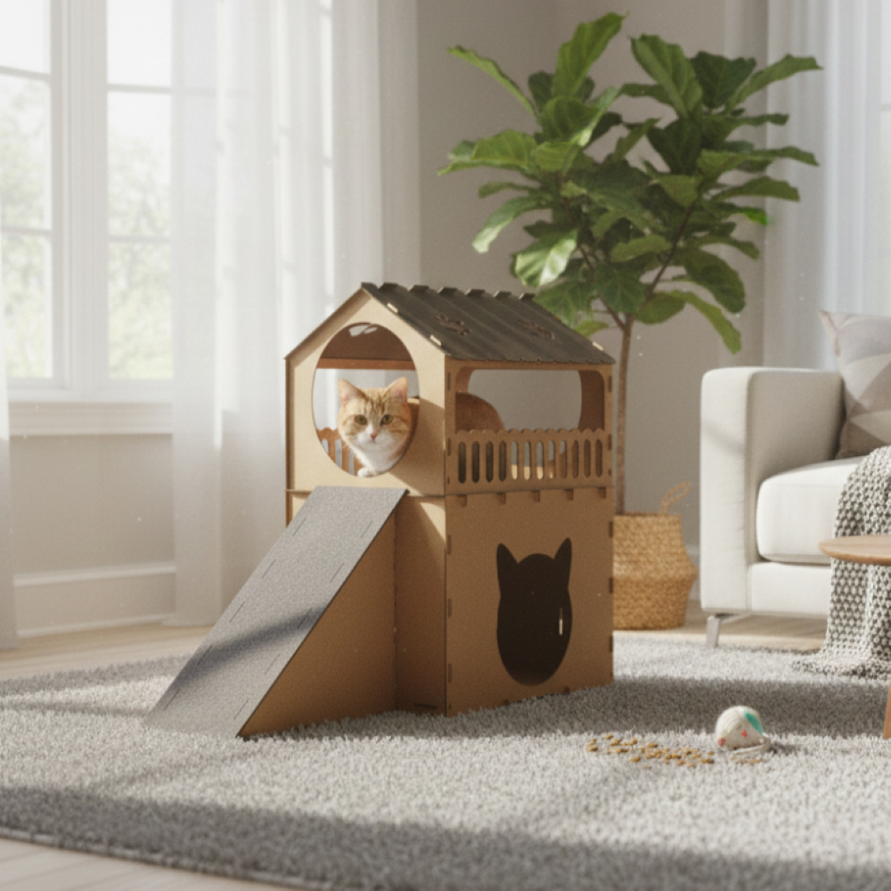 Casa De Gato 2 Andares Com Rampa Carpete Escada MDF Playground Pet Telhado Cor Preta