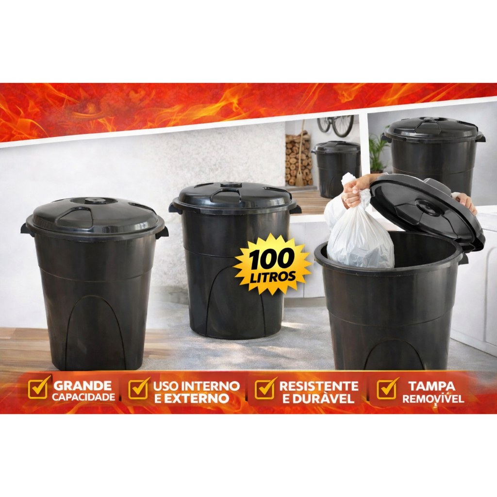 CESTO DE LIXO REDONDO  BLACK COM TAMPA 100 LITROS RESISTENTE . em Oferta na Shopee
