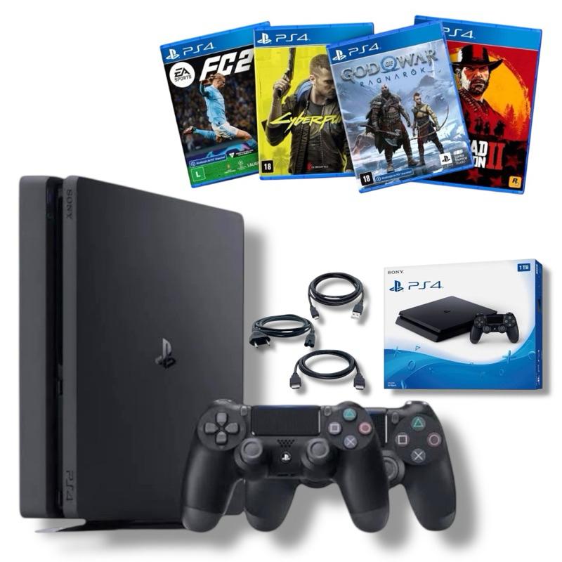 PlayStation 4 Slim Com 2 Controles + 4 Jogos CD Aleatório + Garantia + Caixa Original