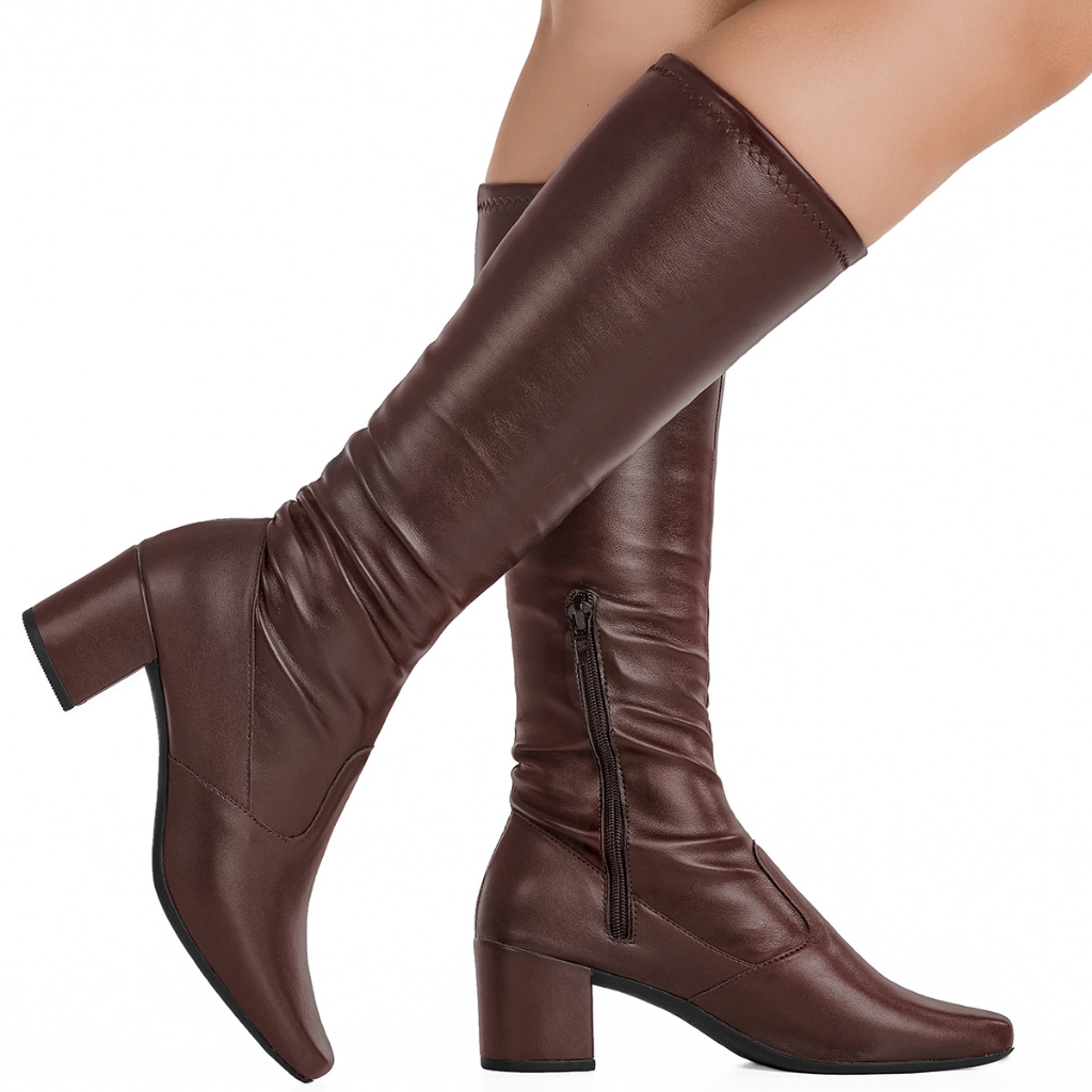 Bota Feminina GiGiL Bico Quadrado Cano Longo Confortável Salto Alto Moda Blogueira Zíper Stretch