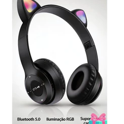 Fone de Ouvido Bluetooth Sem Fio Orelhas de Gato Preto com Luz RGB Colorida