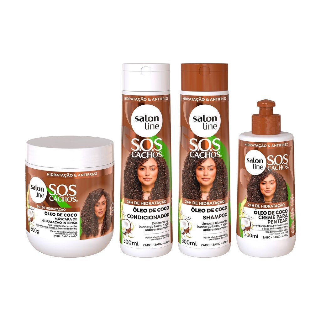 Kit SOS Cachos Coco Shampoo + Condicionador + Creme de Pentear + Máscara Salon Line em Oferta na Shopee