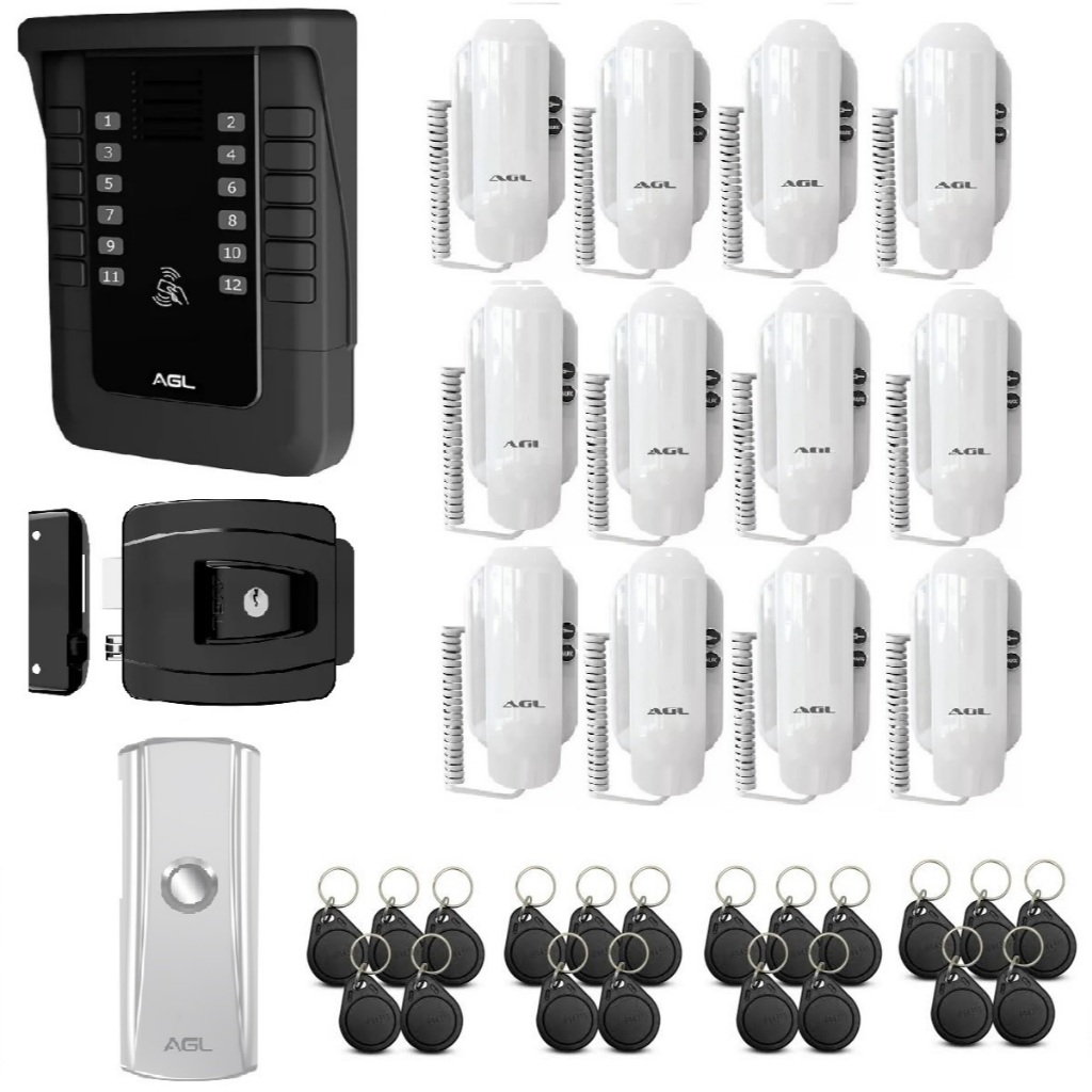 Kit porteiro coletivo S500 12 pontos com 12 interfones S100 e 24 tags e fechadura reversível AGL