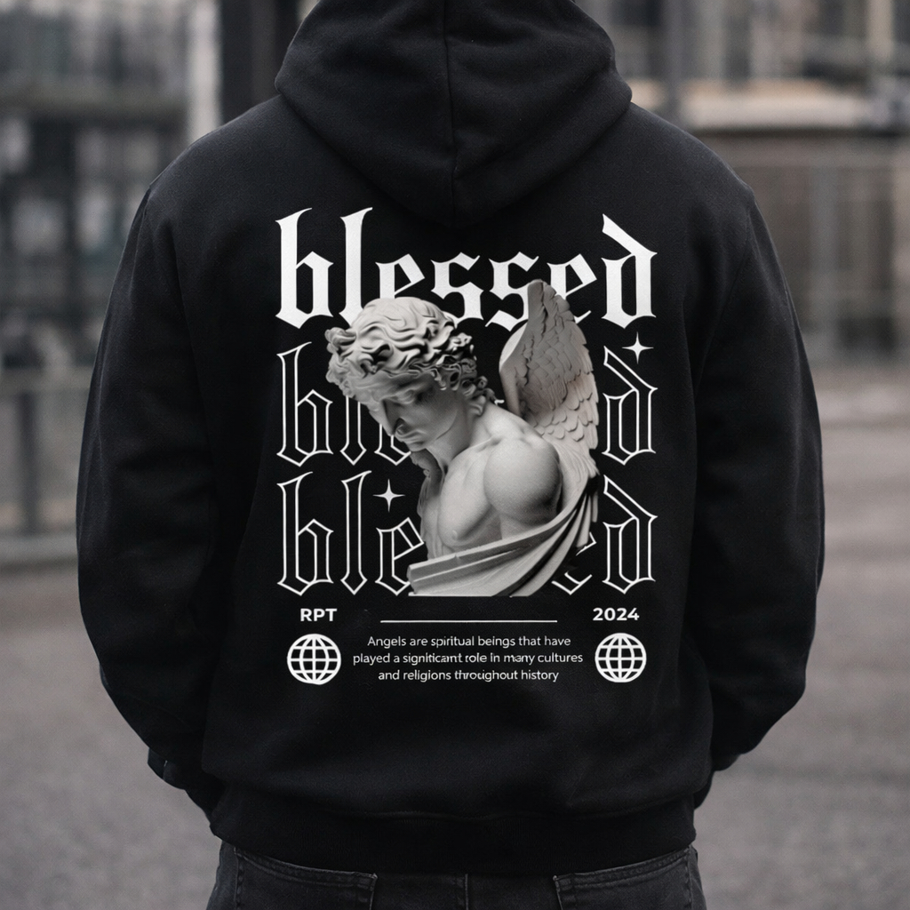 Blusa de Moletom Masculino Feminino Canguru Streetwear Blusa de Frio Com Capuz Respect Blessed Angel