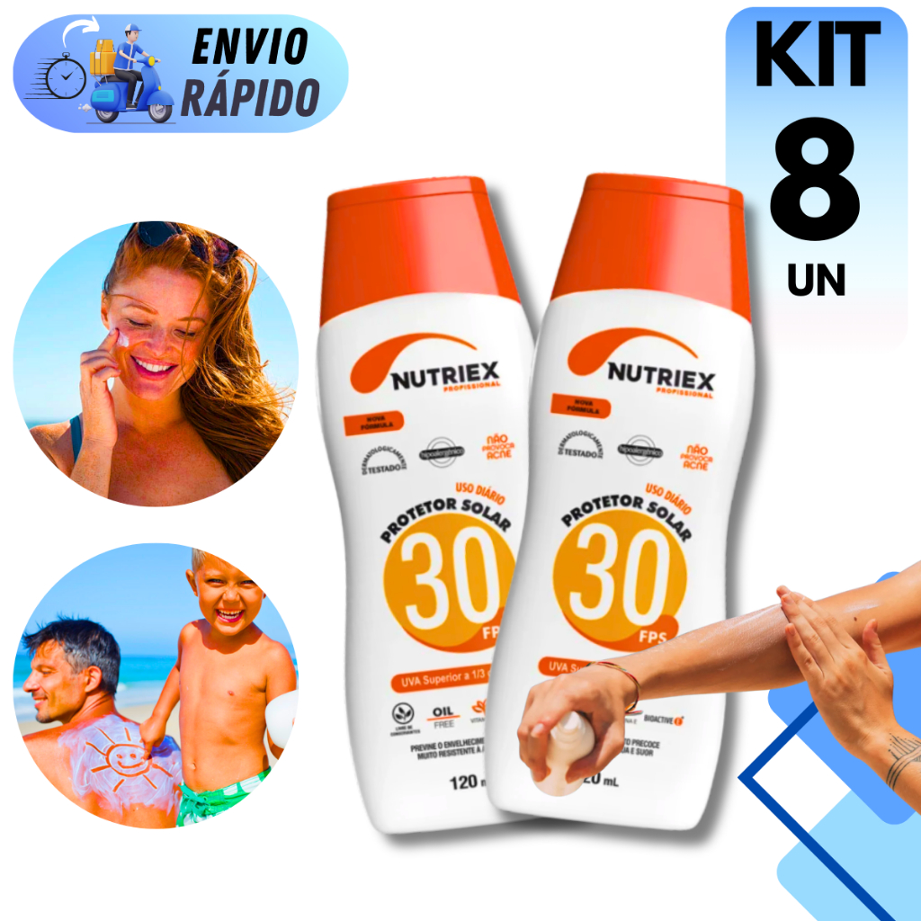 KIT 2 A 8 PROTETOR SOLAR FPS 30 PROFISSIONAL 120ML UVA E UVB RESISTENTE ÁGUA E SUOR CORPO E ROSTO