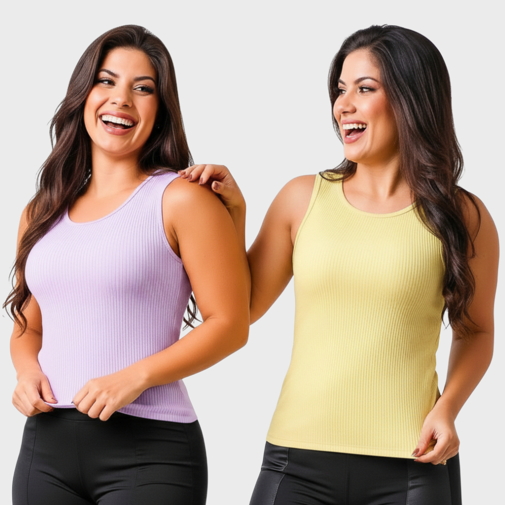 Kit 2 Regatas Blusas Canelada Feminina Básica Elastano Poliéster Confortável Dia a Dia Elasticidade