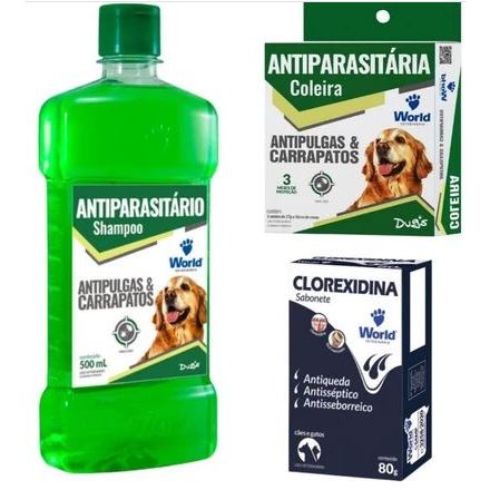 Kit Contra Pulgas e Carrapatos - Shampoo, Coleira e Sabonete Clorexidina