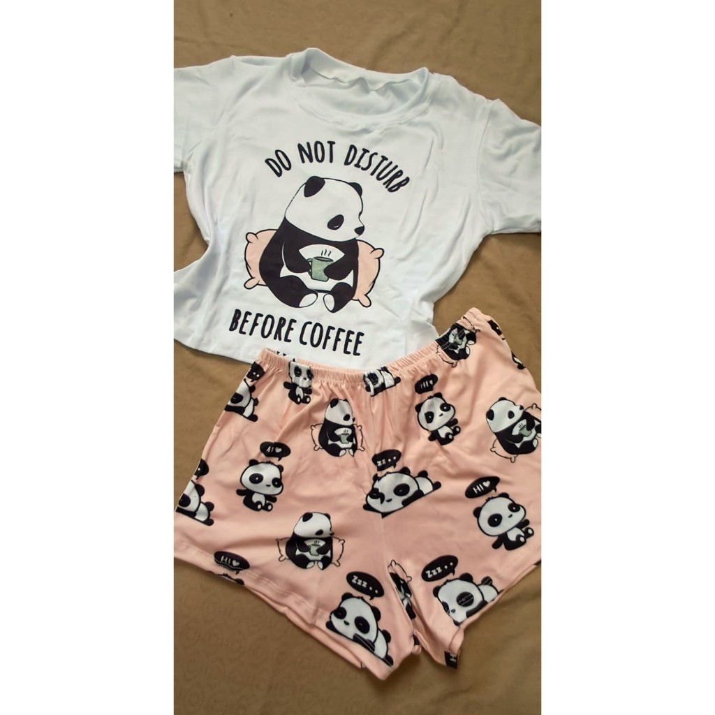 Pijama Manga Curta Feminino Adulto Panda Fofo Babydoll Pandinha Estampado Roupa de Dormir Verão