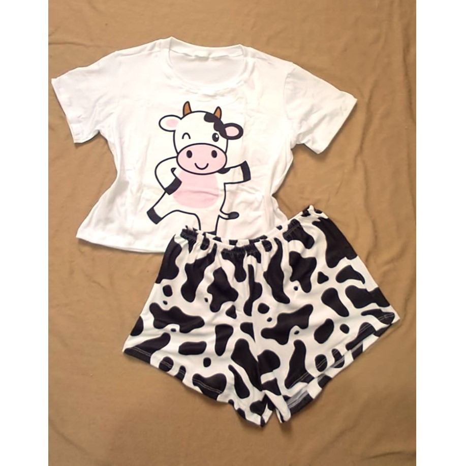 Pijama Feminino Curto Adulto Estampa Vaca Babydoll Verão Confortável e Fresquinho