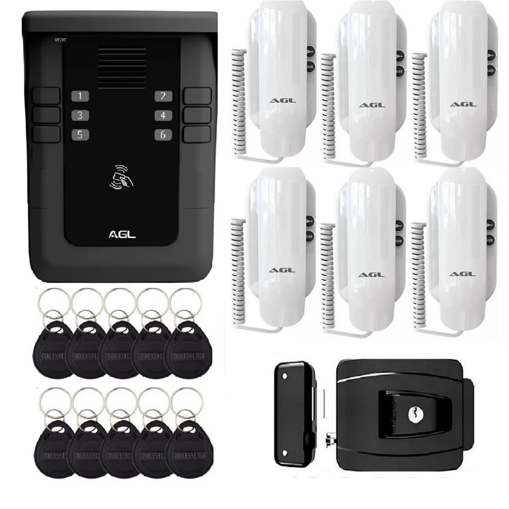 Kit porteiro coletivo S500 6 pontos com 6 interfones S100 e 12 Tags e fechadura AGL