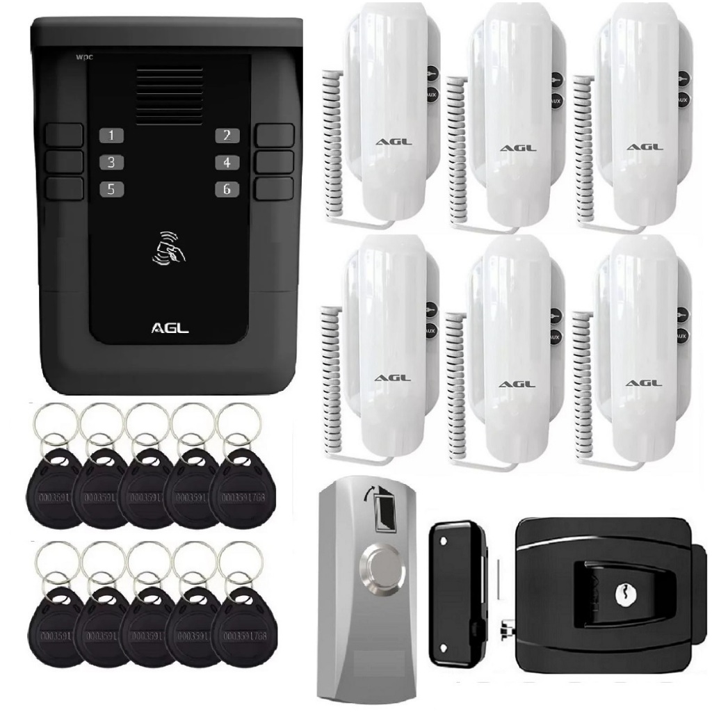Kit porteiro coletivo S500 6 pontos com 6 interfones S100 12 Tags fechadura e botoeira AGL