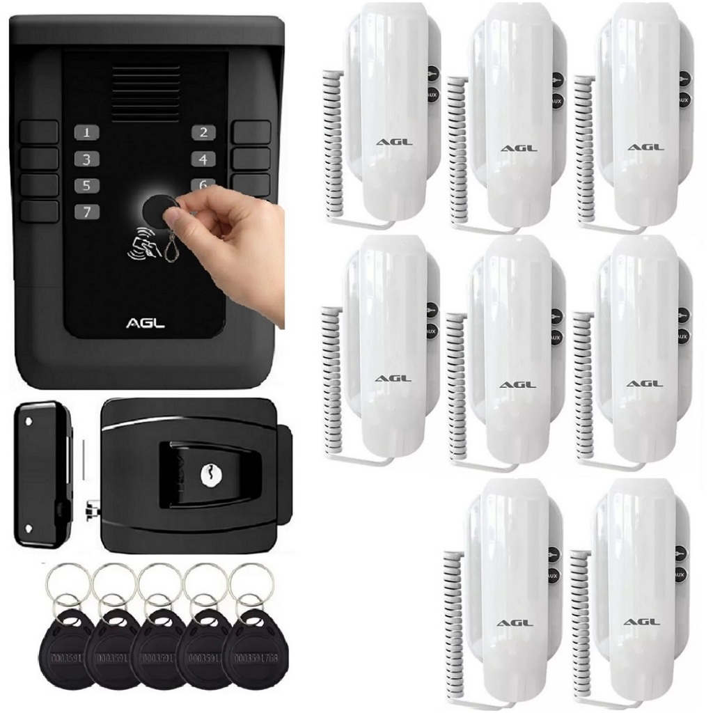 Kit porteiro coletivo S500 8 pontos com 8 interfones S100 e 16 Tags e fechadura AGL