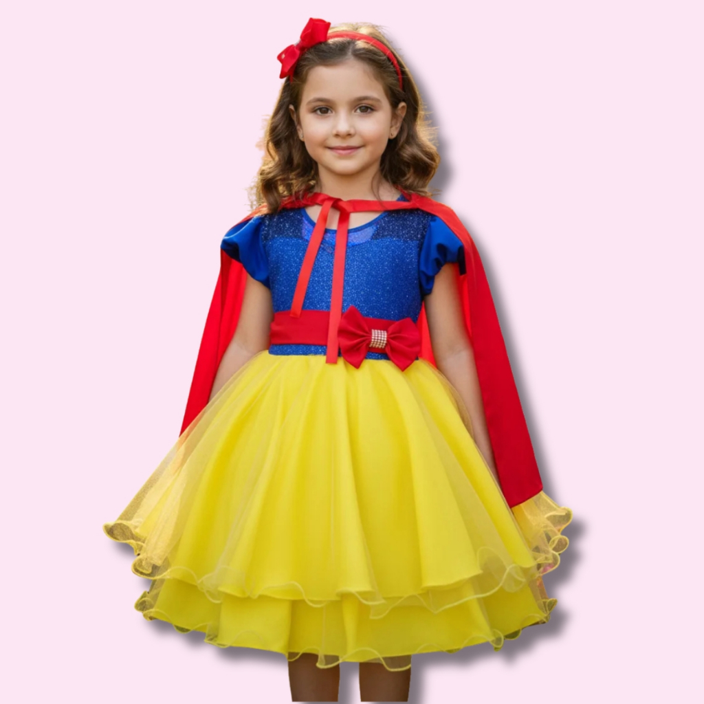 Vestido Infantil E Juvenil Festa Curto Princesa Branca de Neve com Capa Fantasia em Oferta na Shopee