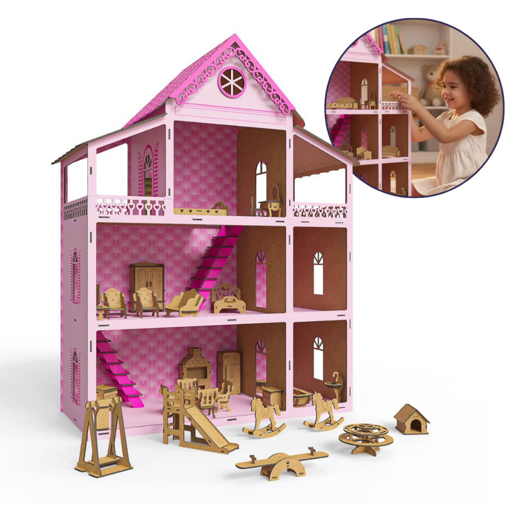 Casinha De Bonecas Rosa 80cm + Kit 30 Mini Móveis Brinquedos - MDF Criativa