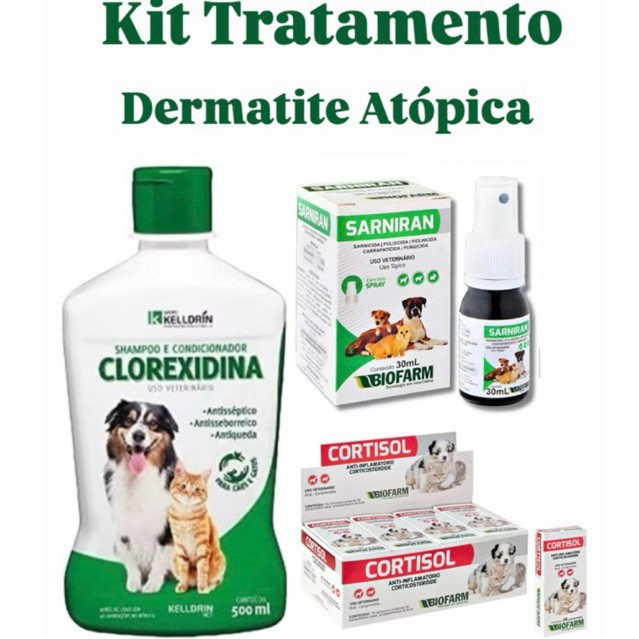 Shampoo Clorexidina 5 em 1 - 500ml - Kelldrin + Sarniran 30ml + Cortisol 10 Comprimidos