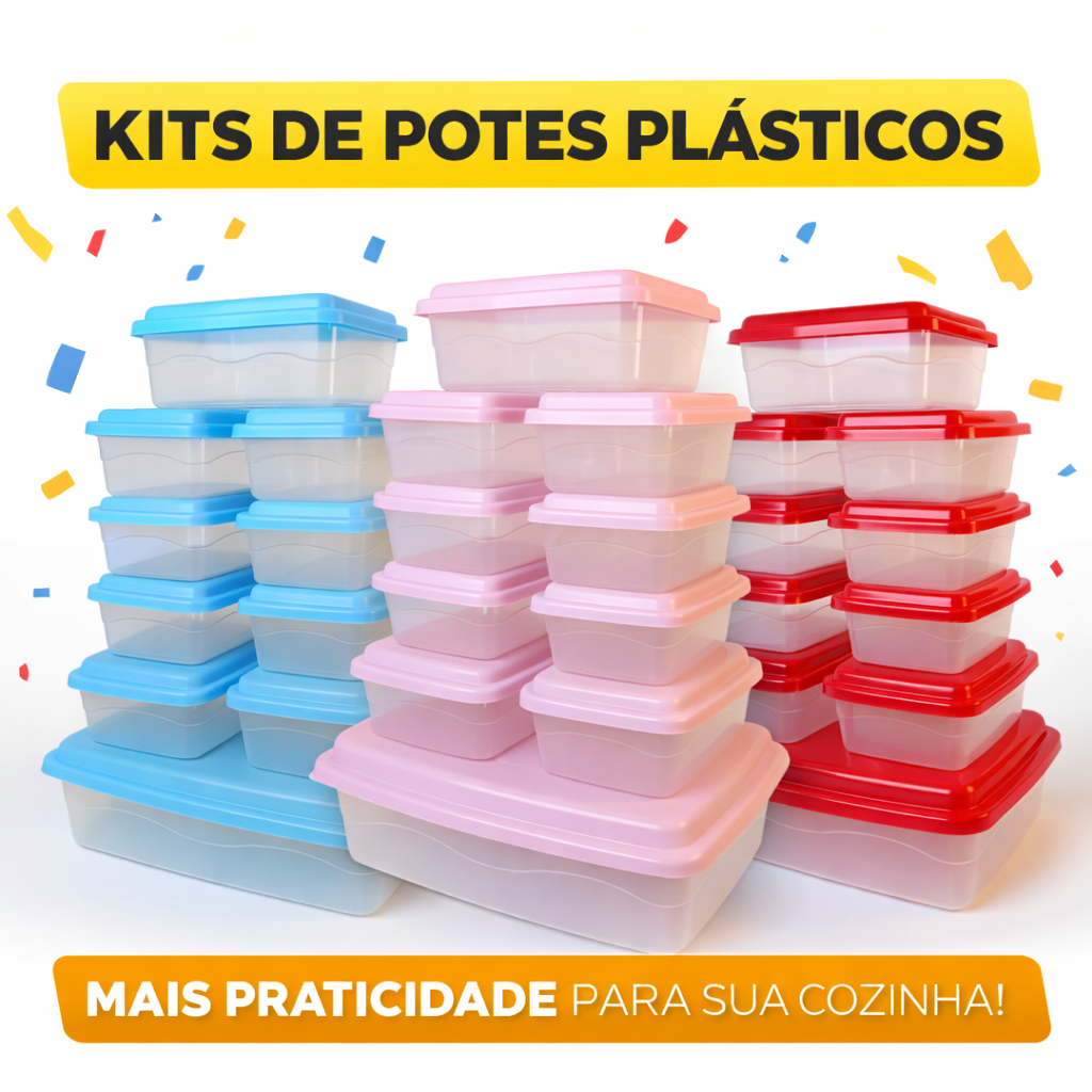 Kit 10 Potes Plásticos com Tampa–1 Pote Grande + 3 Médios +6 Pequenos–Organização Cozinha e Alimento em Oferta na Shopee