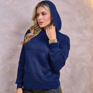 Blusa Feminina de Tricot com Capuz e Bolso Manga Longa Lançamento Tendência Inverno Elegante em Oferta na Shopee