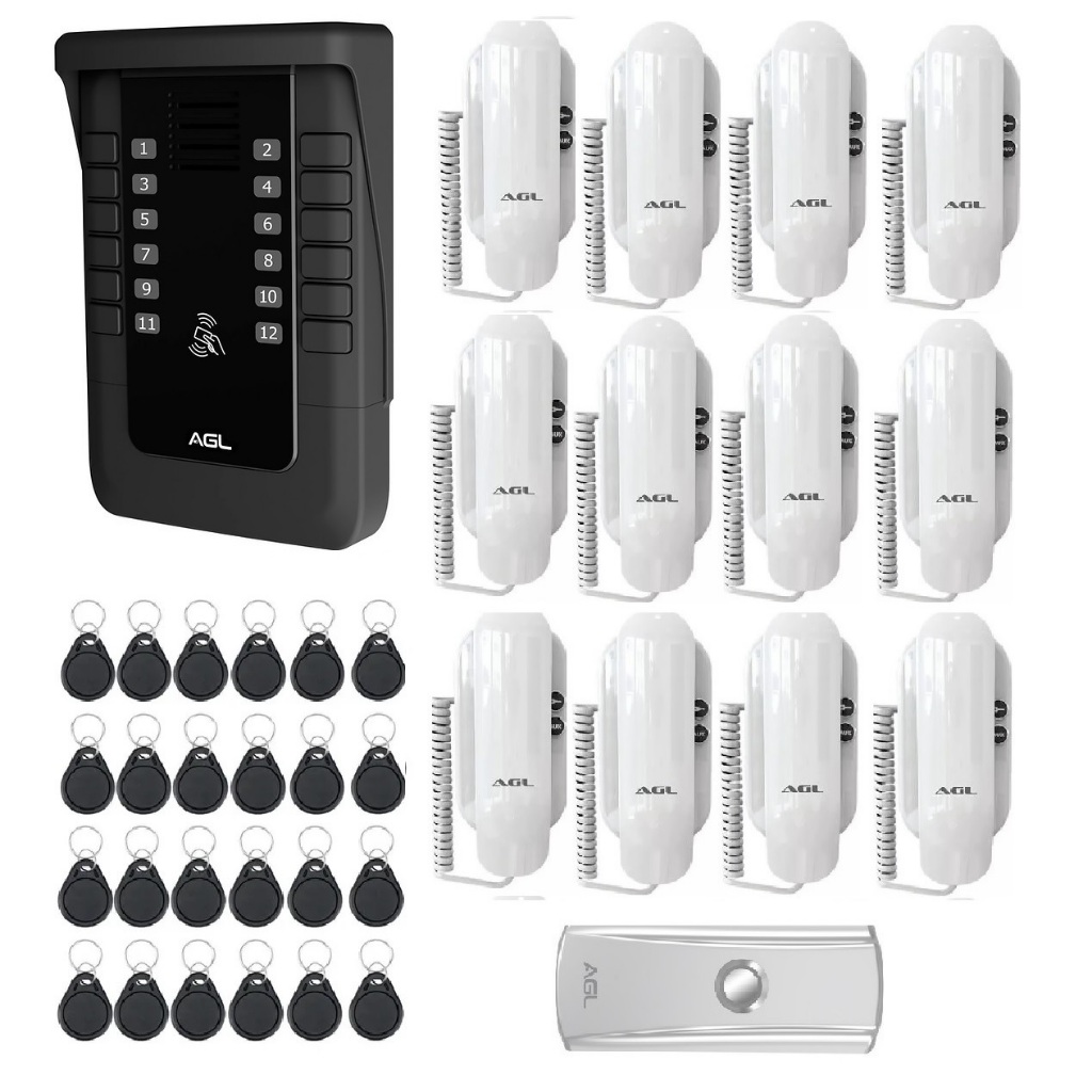 Kit porteiro coletivo S500 12 pontos com 12 interfones S100 e 24 Tags AGL