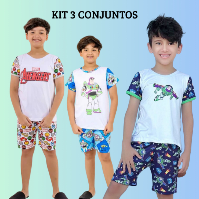 KIT 3 Pijamas infantil masculino 8 a 10 anos de idade SUEDE PREMIUM estampas sortidas