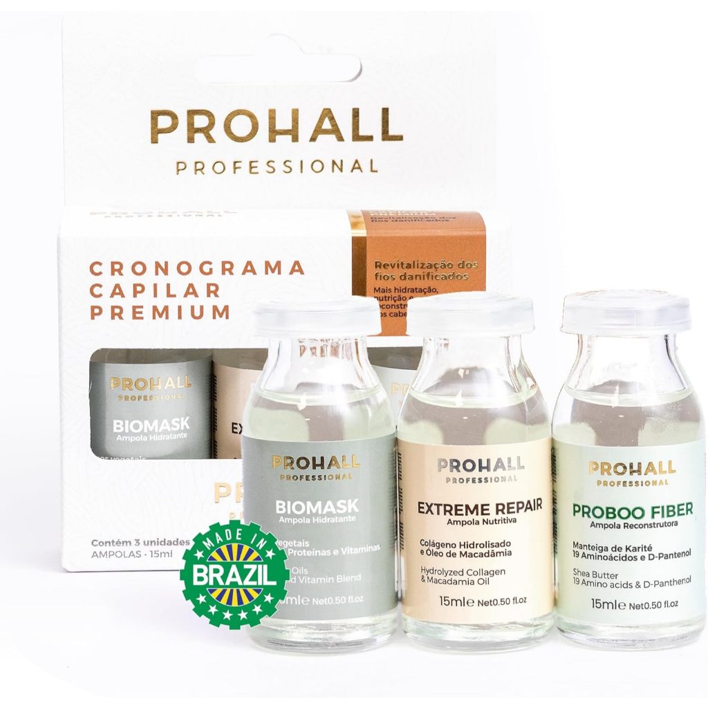 Prohall Cosmetic Kit Mascarilla de Tratamiento Cronograma Capilar Premium com 3- Ampolas Tratamiento de Proteínas para C