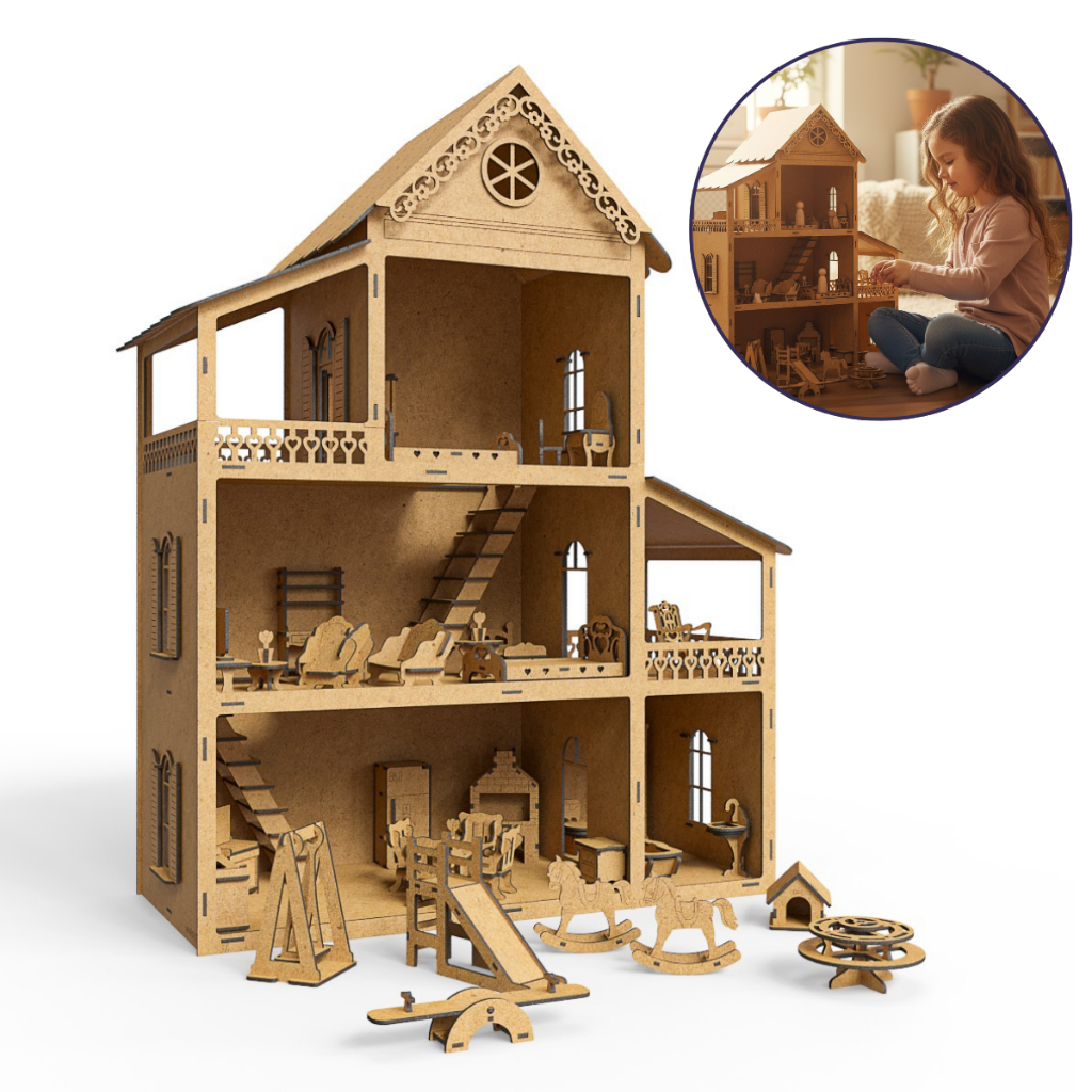 Casinha De Bonecas 60cm MDF Cru + Kit 36 Mini Móveis Brinquedos - MDF Criativa