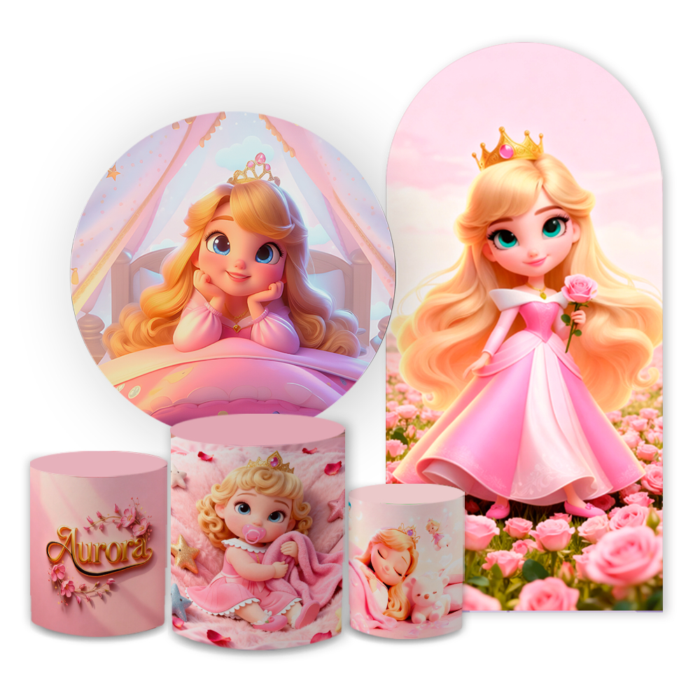 Kit Capas Decoração Aniversário Princesa Aur0ra Cabelo Rosa Dourado Infantil Luxo E Encanto Promoção