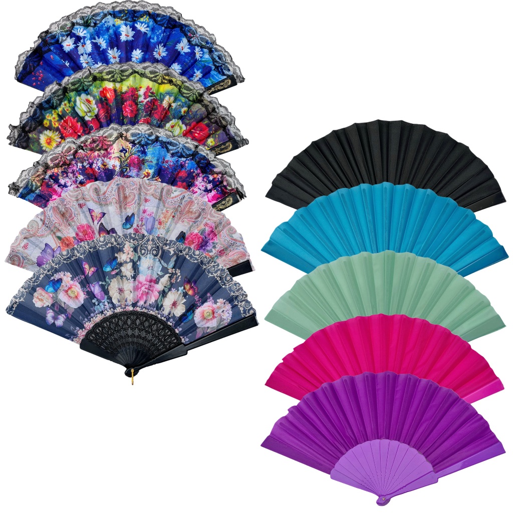 3 Leques de Mão Tradicional Tecido Estampa Florida com Renda Chinês Japonês Oriental Feminino Atacado