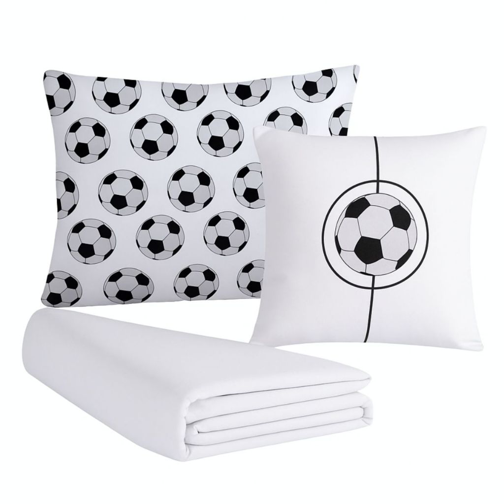 Jogo Lençol Solteiro 4 Peças Elastico Fronha Quarto Menino Criança Infantil Bola Futebol Branco Seda