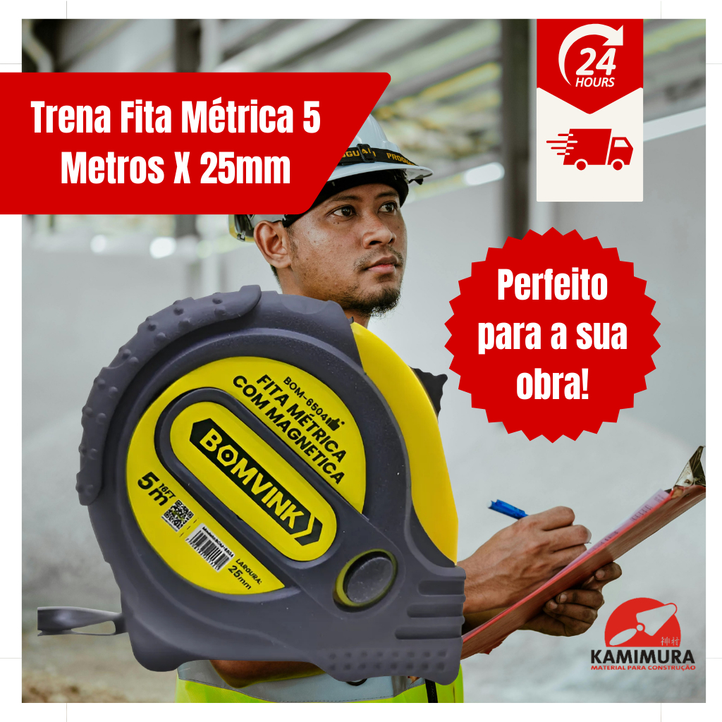 Trena Fita Métrica Gancho Magnético 5 Metros X 25mm Bom-6504 Bomder