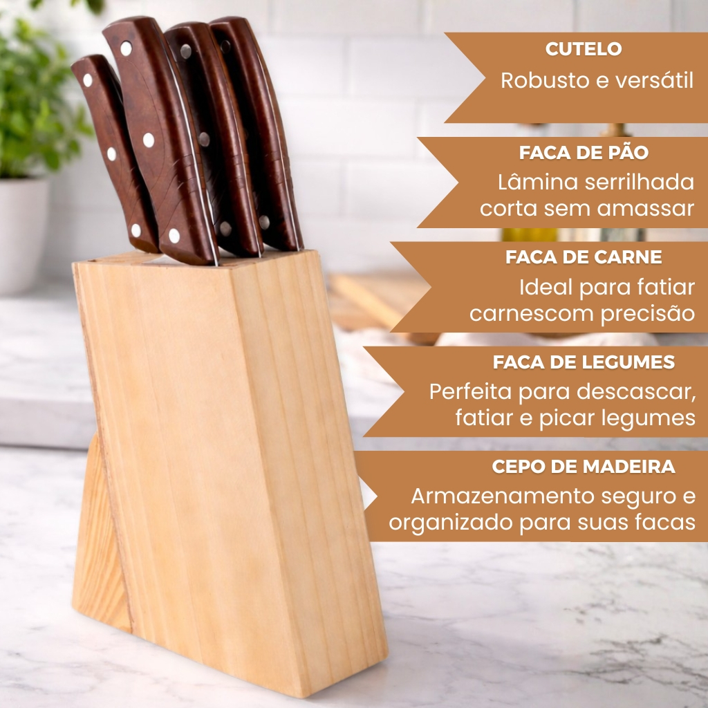 Kit de Facas Inox com Suporte 5 Peças - Faqueiro Profissional para Cozinha - Bene Casa em Oferta na Shopee