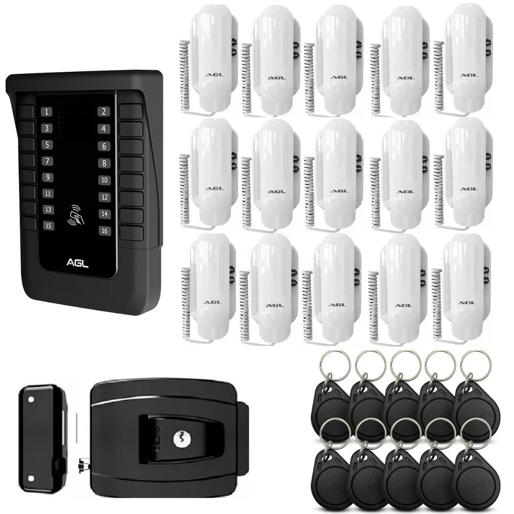 Kit porteiro coletivo S500-16 pontos com 16 interfones S100 32 tags e fechadura reversível AGL