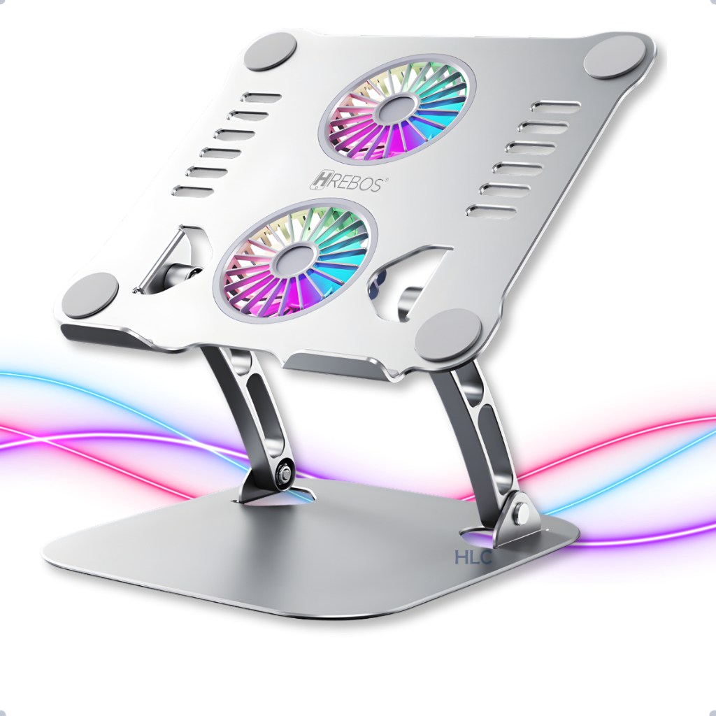 Suporte de Mesa Para Notebook e Macbook c/ Base Ajustável Giratória 360° Alumínio C/ 2 Cooler e LED