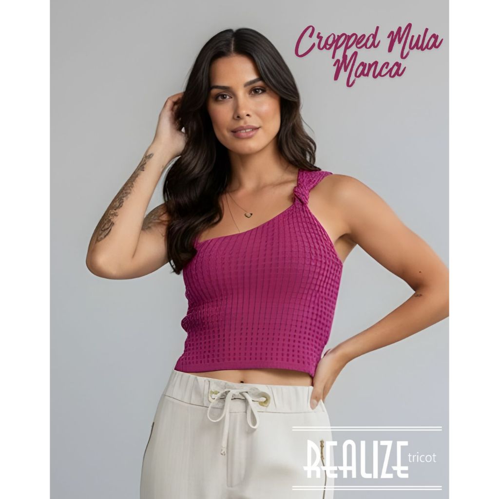 Blusa Cropped Feminino Tricot Modal Ponto Crochê Um Ombro Só Mula Manca Furinho Nó Lateral Verão