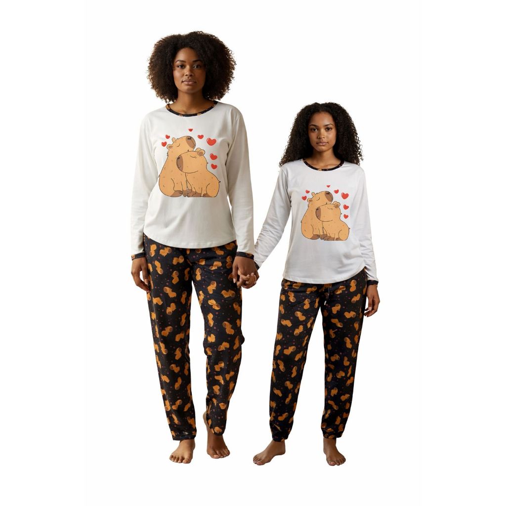 Kit pijama mãe e filha capivara inverno calça estampada malha blusa manga comprida personagens inverno frio longo