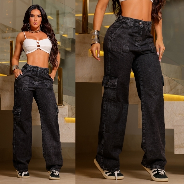 Calça Cargo Jeans Feminina Pantalona Bolso Lateral Wide Leg Cós Alto