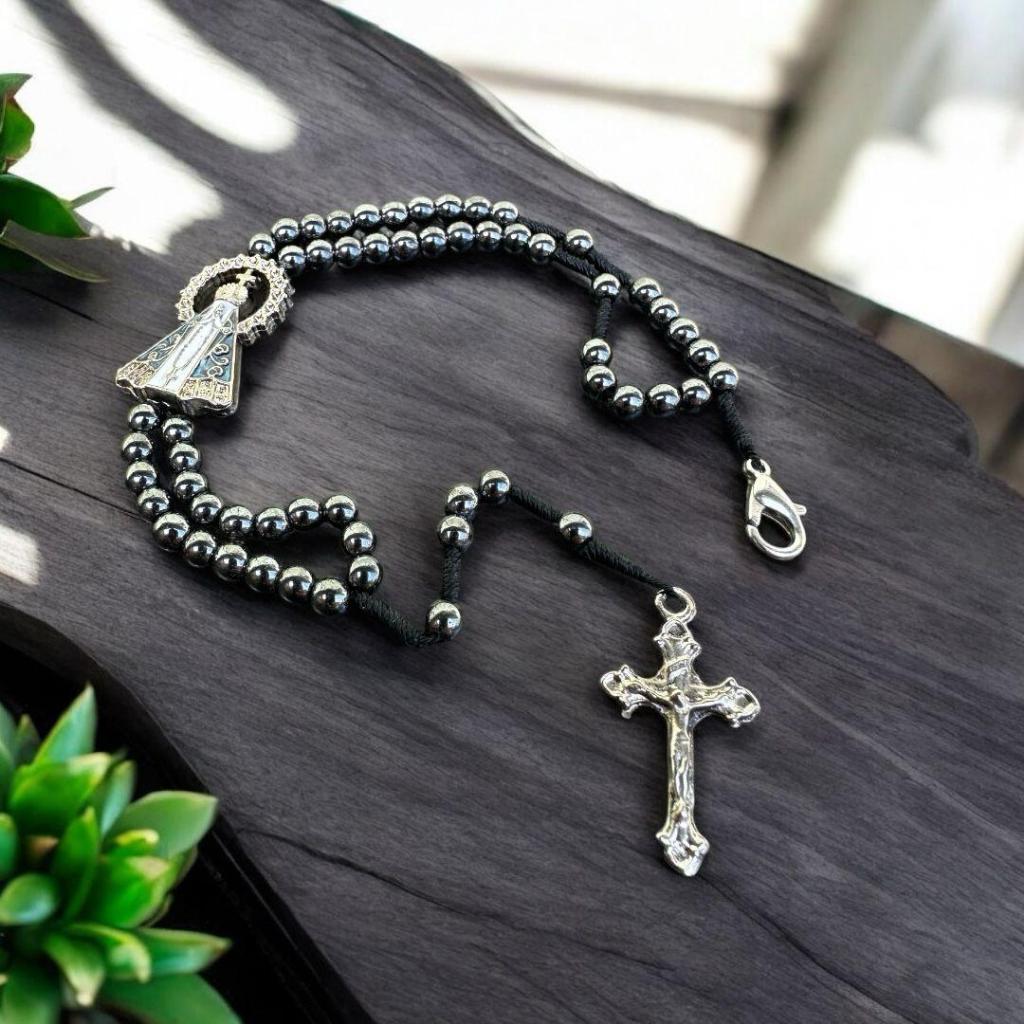 Terço De Pulso Pedra Hematita Resplendor Aparecida  NOVIDADE Pulseira Religiosa para Proteção
