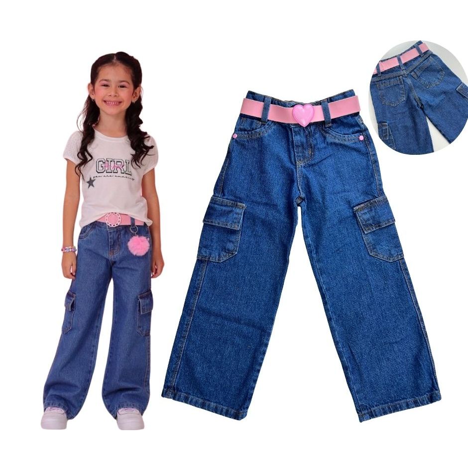 Calça jeans infantil feminina menina modelo CARGO bolsos na lateral e wide leg premium pantalona tradicional lisa