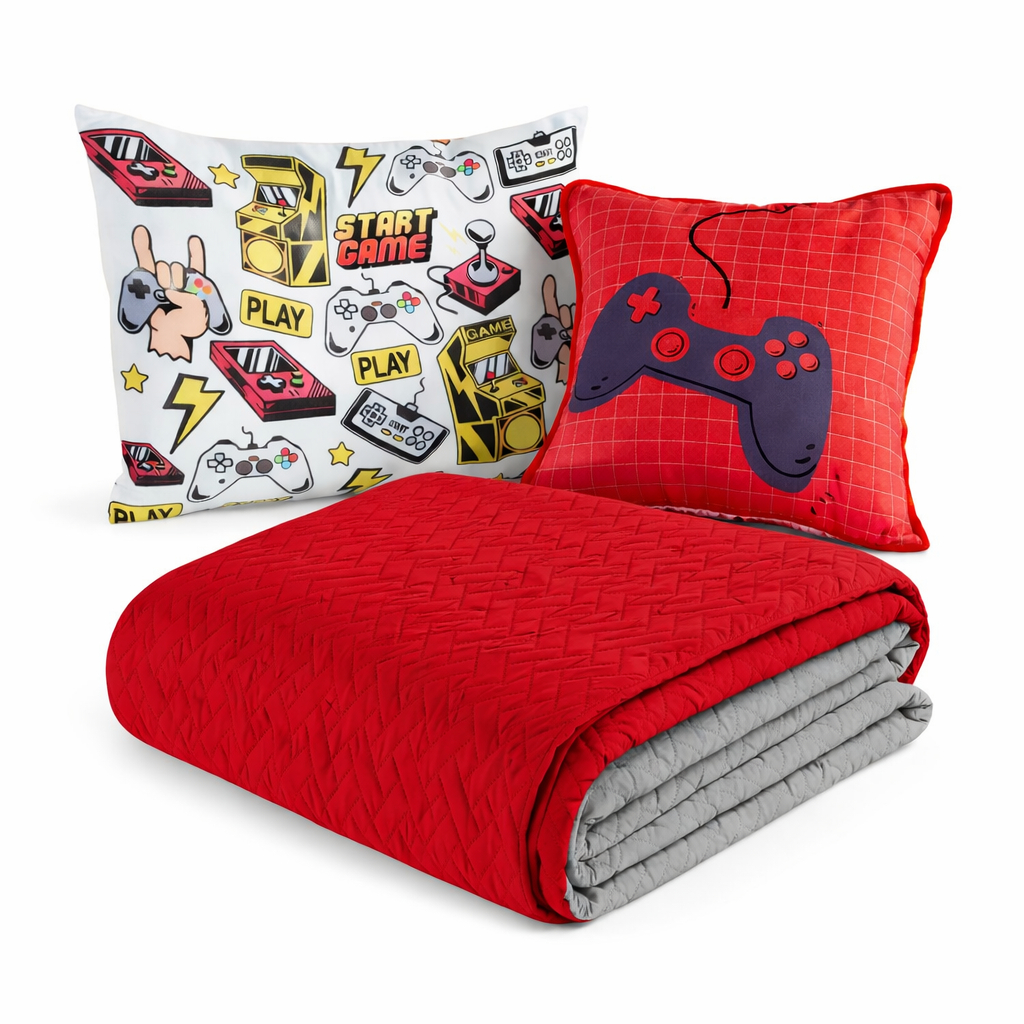 Kit Colcha Coxa Cobre Leito Jogo Roupa Cama Edredom Solteiro Matelado Quarto Menino Gamer Vermelho