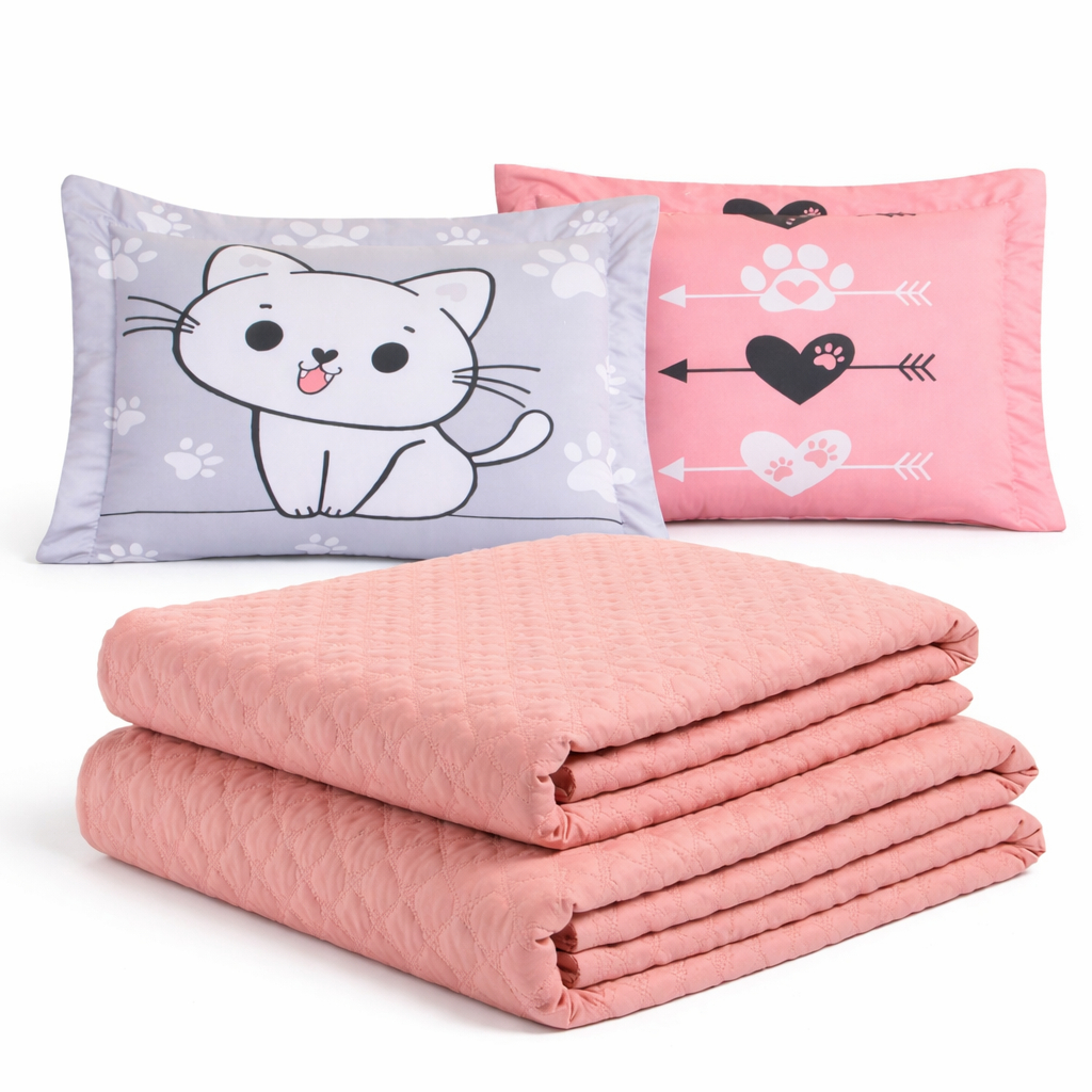 Colcha Cobre Leito Jogo Roupa Cama Casal Padrao 5 Pç Matelado Quarto Menina Pet Gato Rosa Barato